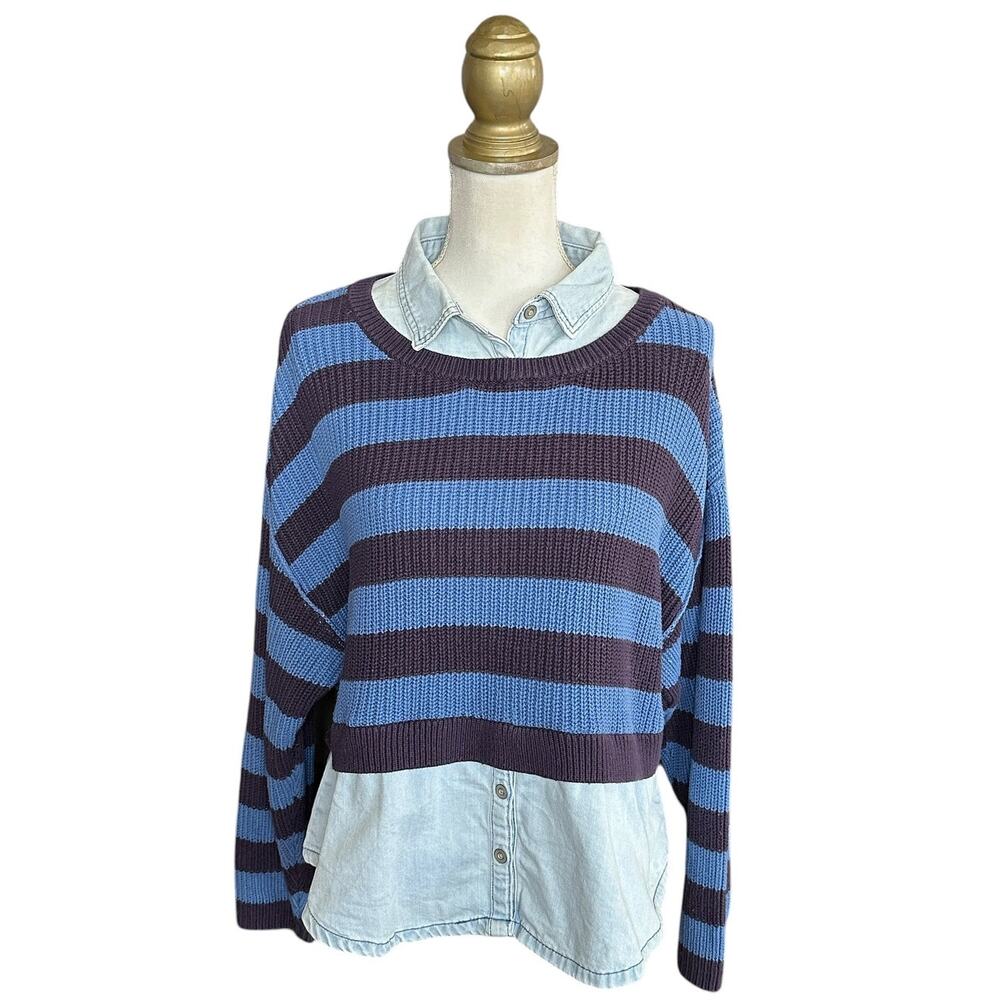 Anthropologie Pilcro Layered Twofer Sweater - Blue Stripe Chambray - M - Picture 6 of 11